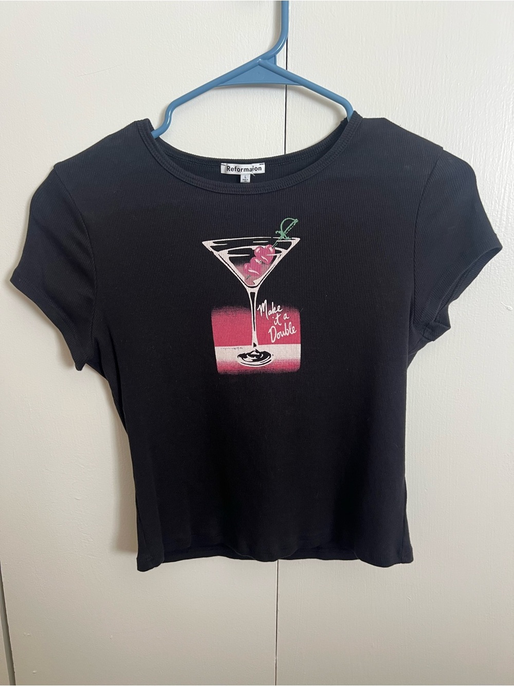 Reformation Black Crop Tee with Pink Martini Graphic